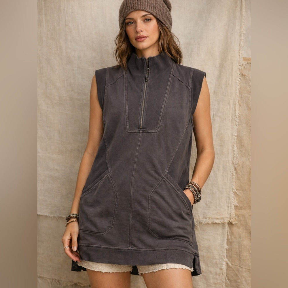 Anthropologie Sleeveless Zip Tunic Dress Pockets Athleisure L